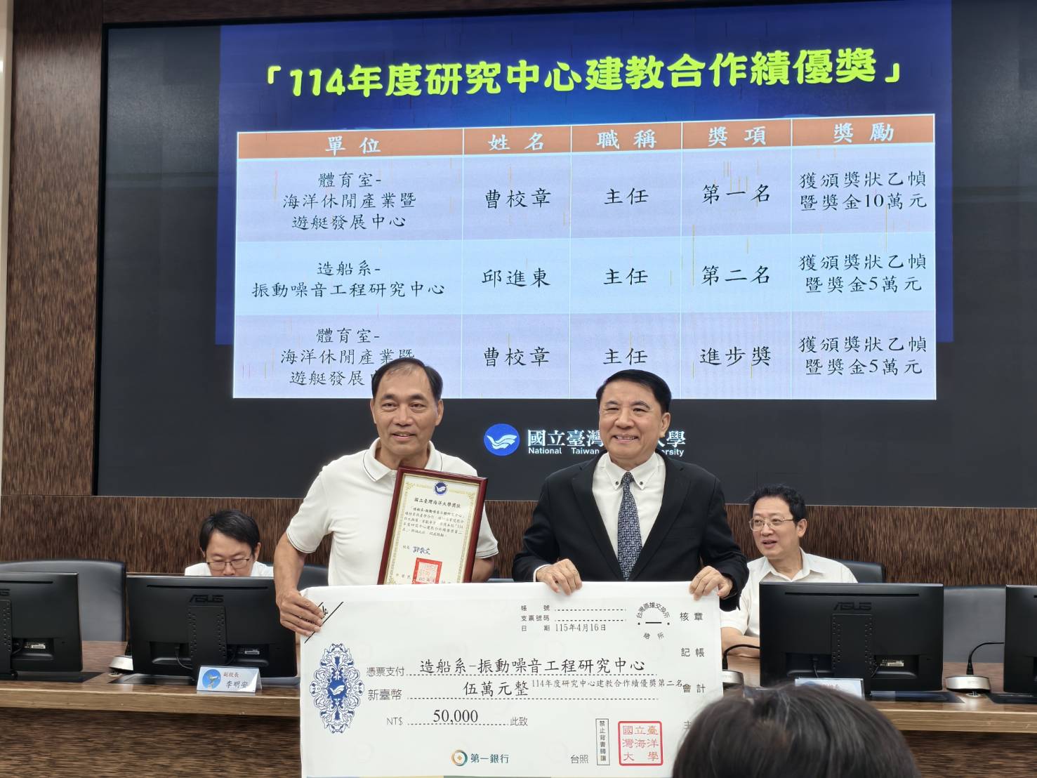 賀!!!  本學院造船系振動噪音研究中心榮獲114年度「研究中心建教合作績優獎」第二名。